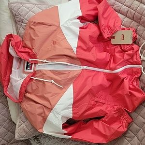 Levis Coral/Pink/White Colorblock Windbreaker Jacket, adjustable length w toggle
